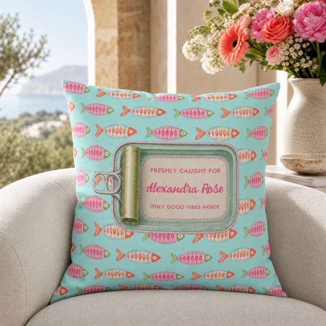 Coastal Summer Fish Tin Custom Name Throw Pillow (Creator Uploaded)