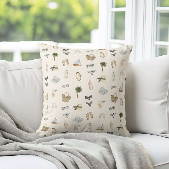 Coastal Summer Getaway Neutral Watercolor Pattern Throw Pillow (Creator Uploaded)