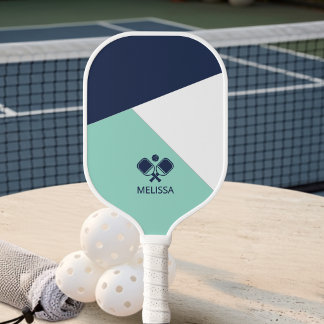 Coastal Summer Navy Mint Geometric Name Pickleball Paddle