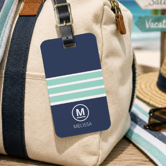 Coastal Summer Navy Mint Stripes Monogram Name  Luggage Tag