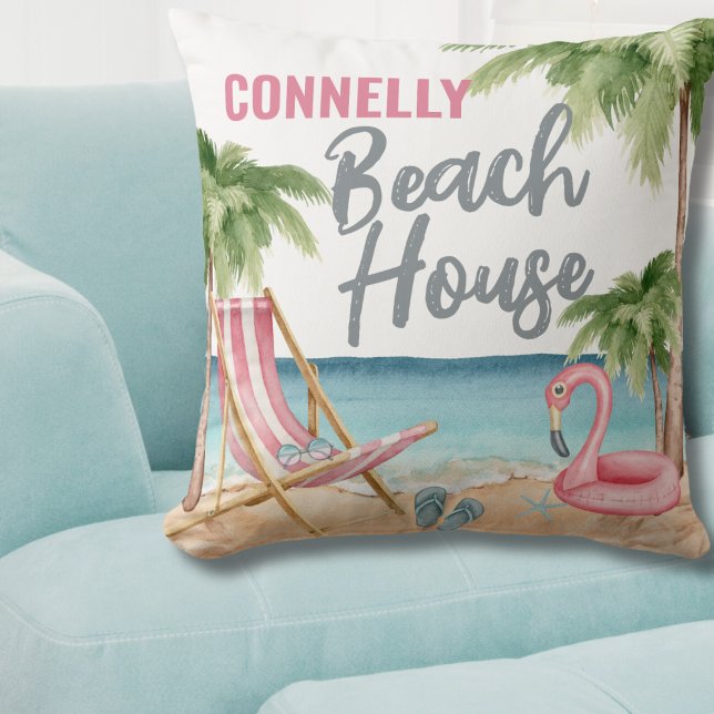 Coastal Summer Watercolor Beach House Throw Pillow (Personalized Watercolor Beach House Throw Pillow )