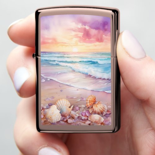 Coastal Sunrise Beach Scene with Seashells Zippo Lighter