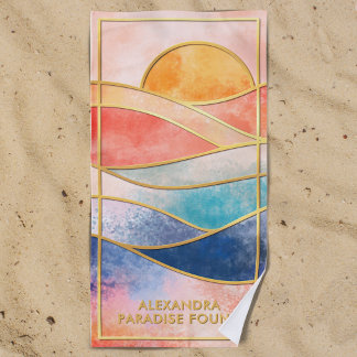Coastal Sunset Gold Line Art Custom Name Beach Towel