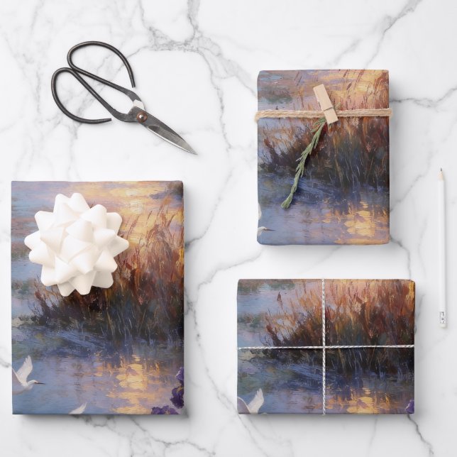 Coastal Sunset Iris & Egret Wrapping Paper (Front)