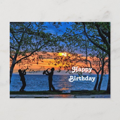 Coastal Sunset Musicians Silhouette Birthday Postcard