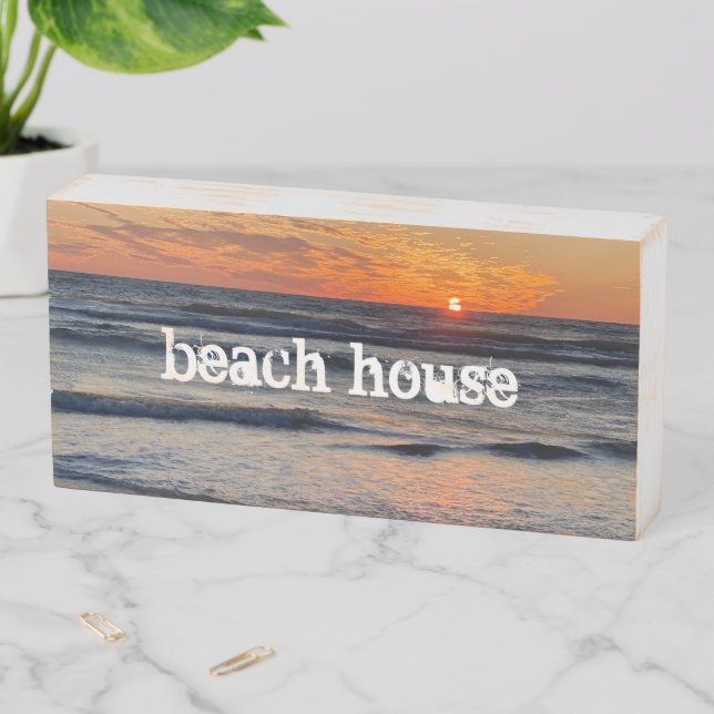 Coastal Sunset Photo With Beach House Wooden Box Sign (In Situ Horizontal)
