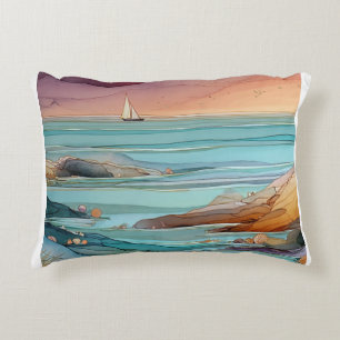 Coastal Sunset Serenity – Watercolor Ocean Seascap Accent Pillow