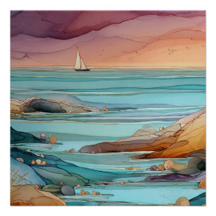 Coastal Sunset Serenity – Watercolor Ocean Seascap Poster