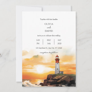  Coastal Sunset Waves Lighthouse Beach Wedding  Invitation