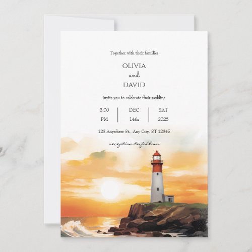  Coastal Sunset Waves Lighthouse Beach Wedding  Invitation