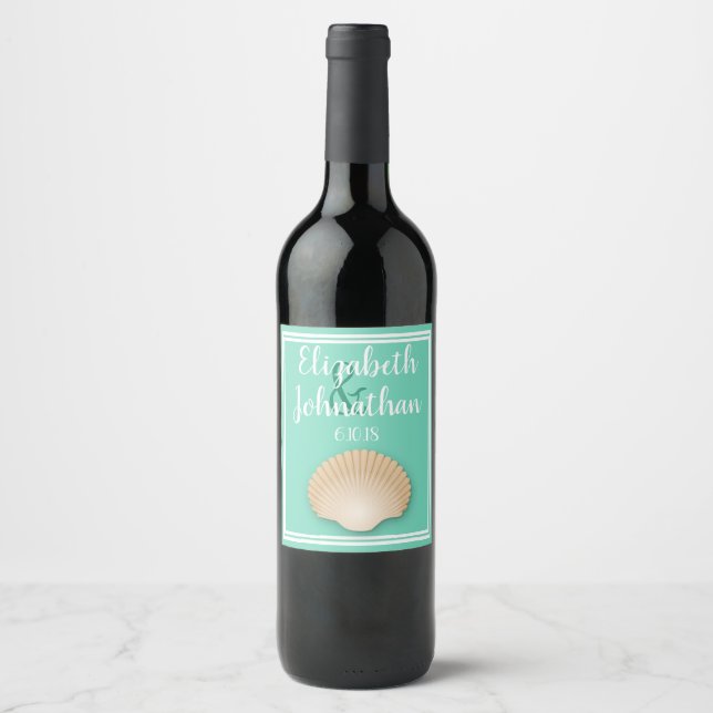 Coastal Tan Seashell & Sea Glass Green Wedding Wine Label (Front)