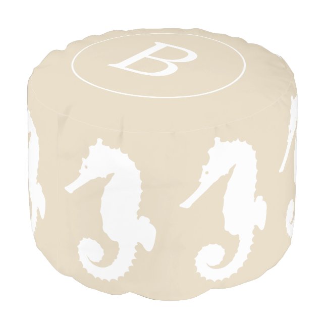Coastal Taupe & White Seahorse | Monogram Pouf (Angled Back)