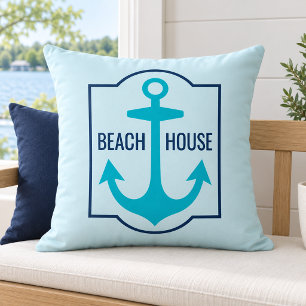 Coastal Teal Anchor Beach House Location Outdoor Pillow