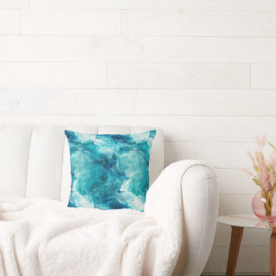 Coastal Teal Aqua Blue Alcohol Ink Marble Throw Pillow