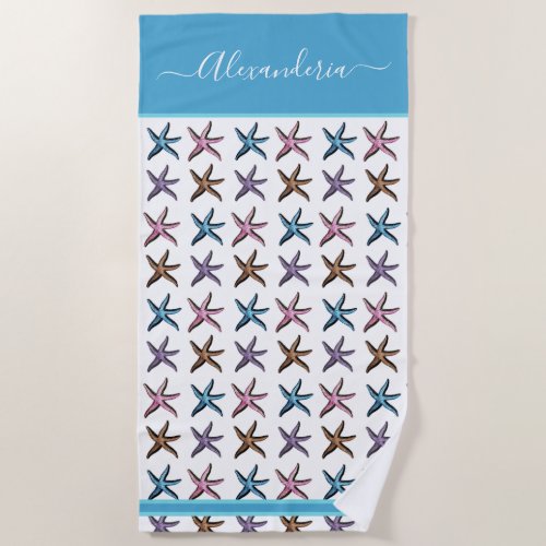 Coastal Teal  aqua blue pink purple starfish Beach Towel