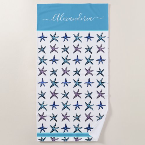 Coastal Teal  aqua blue purple starfish  Beach Towel