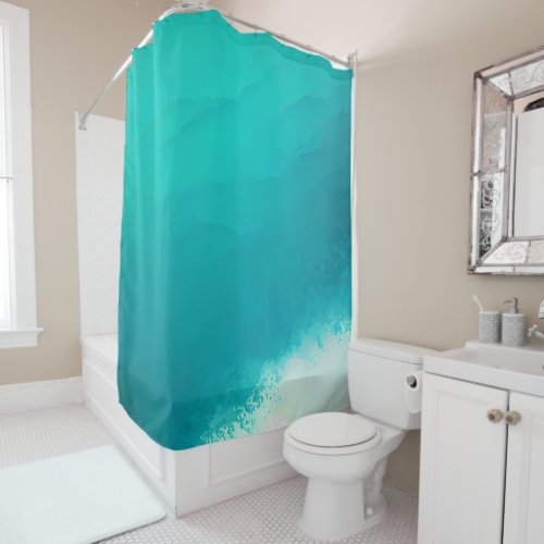 Coastal Teal Blue Aqua White Watercolor Abstract   Shower Curtain
