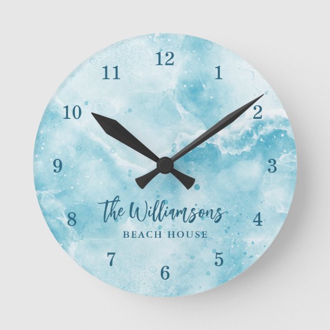 Coastal Teal Blue Family Beach House Round Clock (Front)