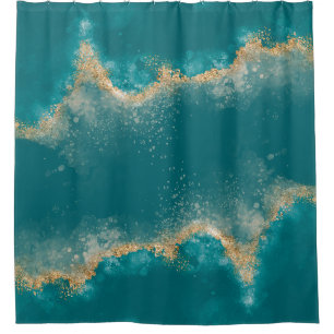 Coastal Teal blue Metallic gold agate Shower Curtain