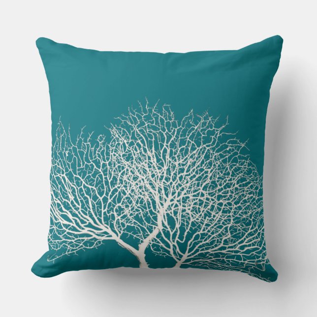 Coastal Teal Blue White Sea Tree Coral  Beach Throw Pillow (Front)