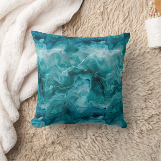 Coastal Teal Green Watercolor Marble Throw Pillow