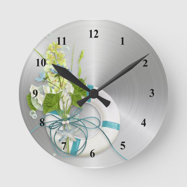 Coastal Teal Life Preserver Floral Round Clock (Front)