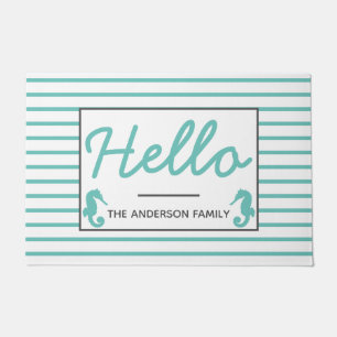 Coastal Teal Seahorses Hello Doormat