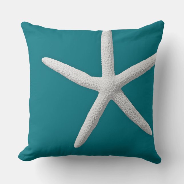 Coastal Teal Tropical White Starfish Modern Beach Throw Pillow (Front)