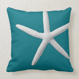 Coastal Teal Tropical White Starfish Modern Beach Throw Pillow
