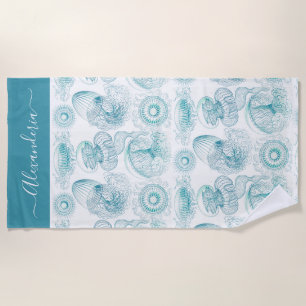 Coastal Teal turquoise aqua jellyfish sea life Beach Towel