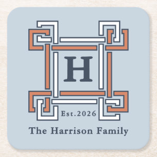 Coastal Terracotta Sky Blue Family Name Square Paper Coaster