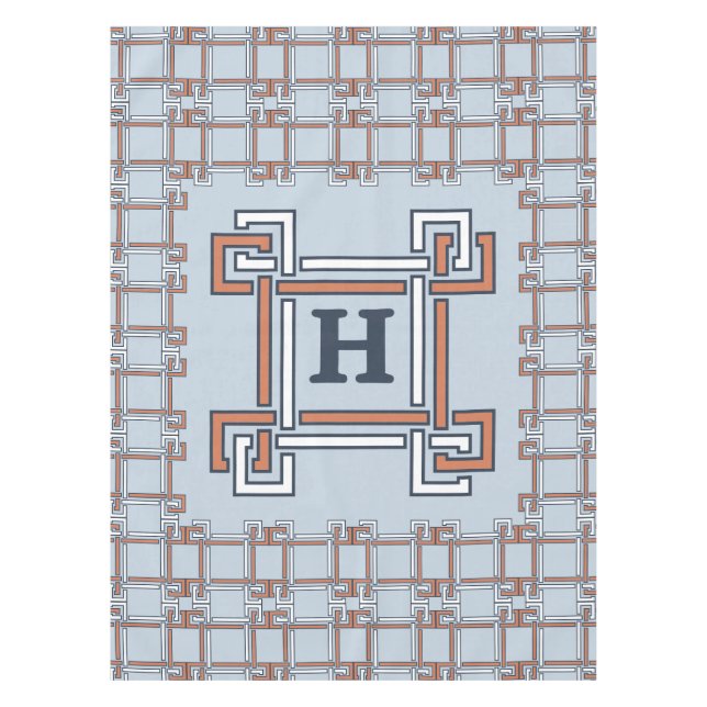 Coastal Terracotta Sky Blue Monogram Tablecloth (Front)