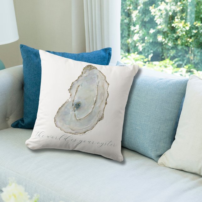 Coastal The World is Your Oyster Watercolor Oyster Throw Pillow (Creator Uploaded)