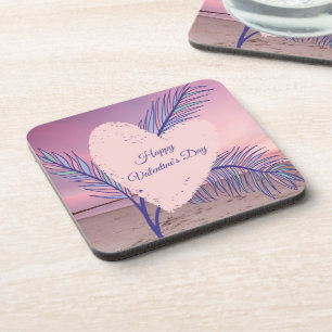 Coastal Theme Pastel Valentine Pink Sunset Beach Beverage Coaster
