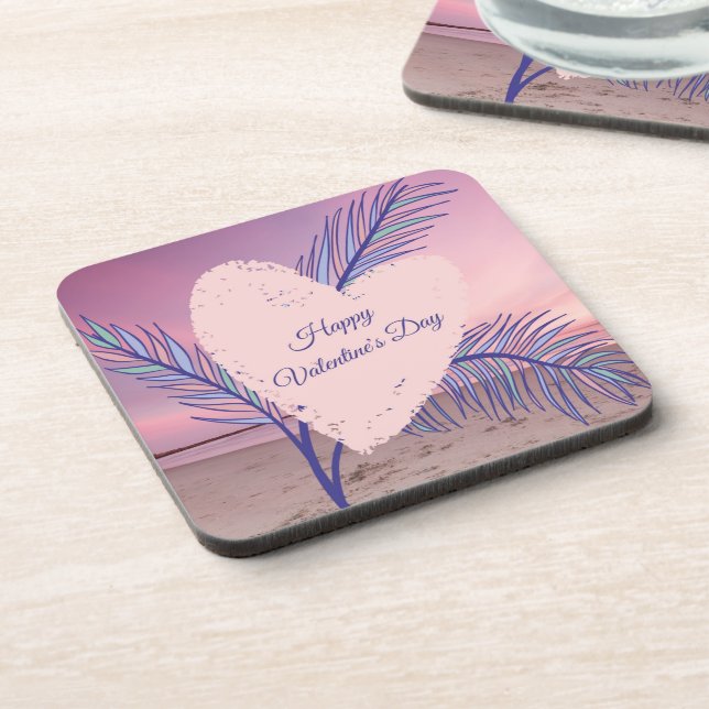Coastal Theme Pastel Valentine Pink Sunset Beach Beverage Coaster (Left Side)