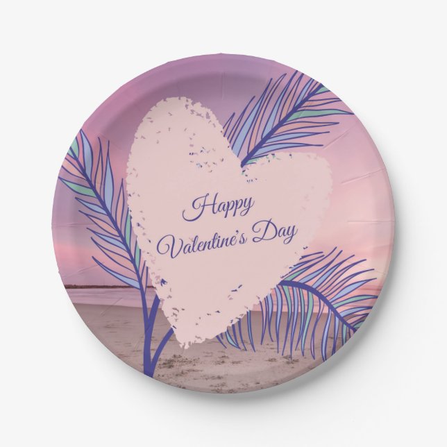 Coastal Theme Pastel Valentine Pink Sunset Beach Paper Plates (Front)