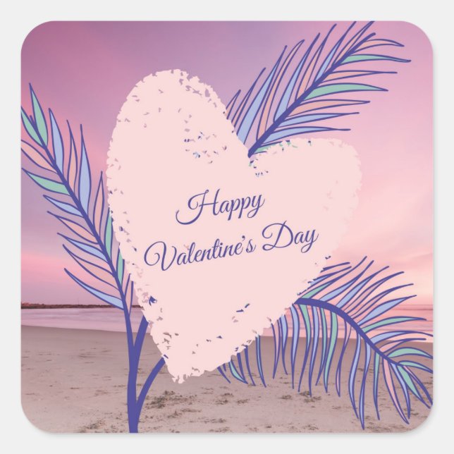 Coastal Theme Pastel Valentine Pink Sunset Beach Square Sticker (Front)