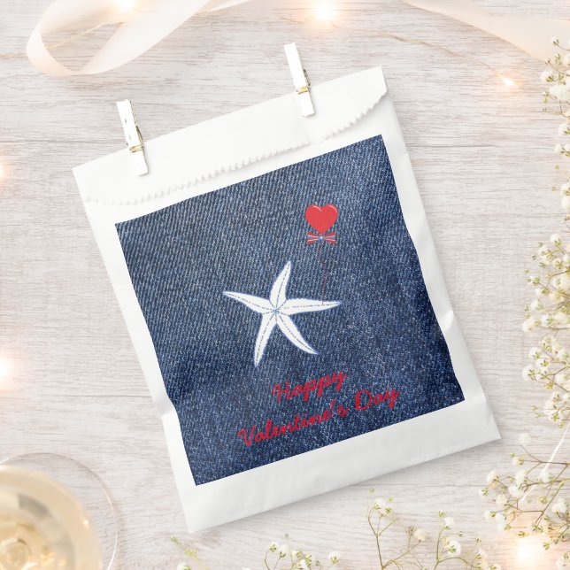 Coastal Theme Valentine's Day Red Heart & Starfish Favor Bag (Clipped)
