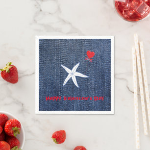 Coastal Theme Valentine's Day Red Heart & Starfish Napkins