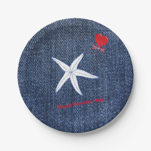 Coastal Theme Valentine's Day Red Heart & Starfish Paper Plates