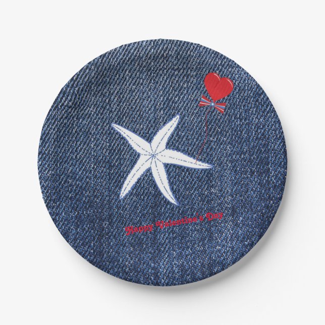 Coastal Theme Valentine's Day Red Heart & Starfish Paper Plates (Front)