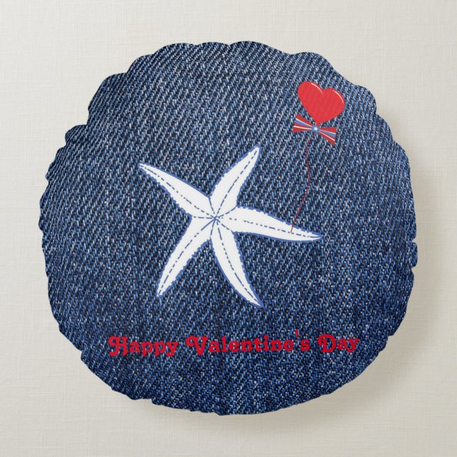 Coastal Theme Valentine's Day Red Heart & Starfish Round Pillow (Front)