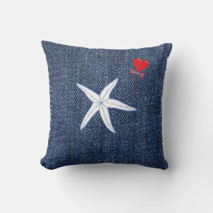 Coastal Theme Valentine's Day Red Heart & Starfish Throw Pillow