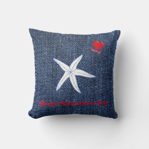 Coastal Theme Valentine's Day Red Heart & Starfish Throw Pillow