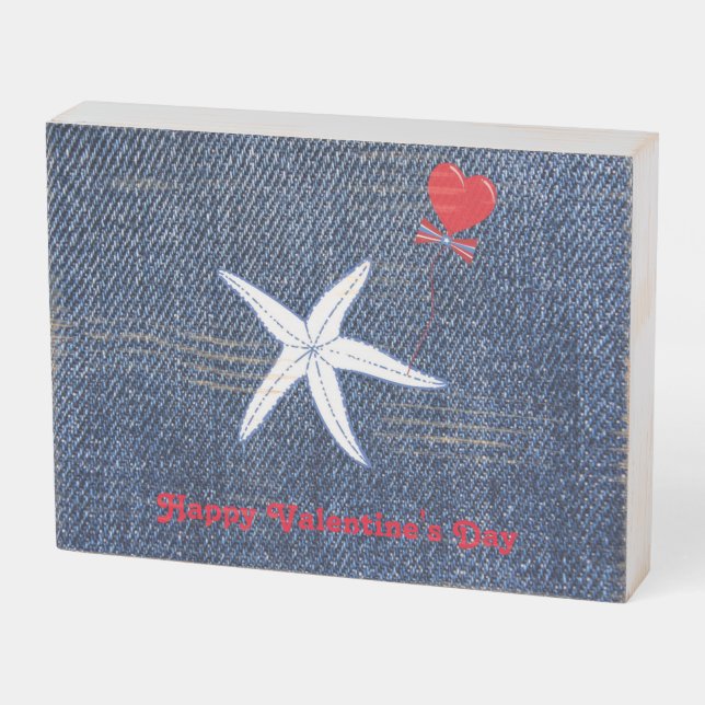 Coastal Theme Valentine's Day Red Heart & Starfish Wooden Box Sign (Angled Horizontal)