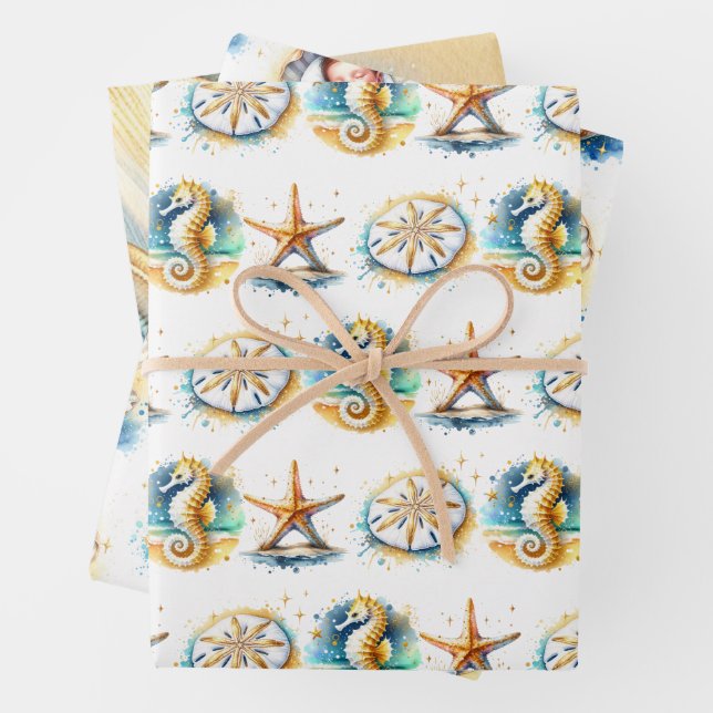 Coastal Themed Beachy Boy's Baby Shower Wrapping Paper Sheets (In situ)