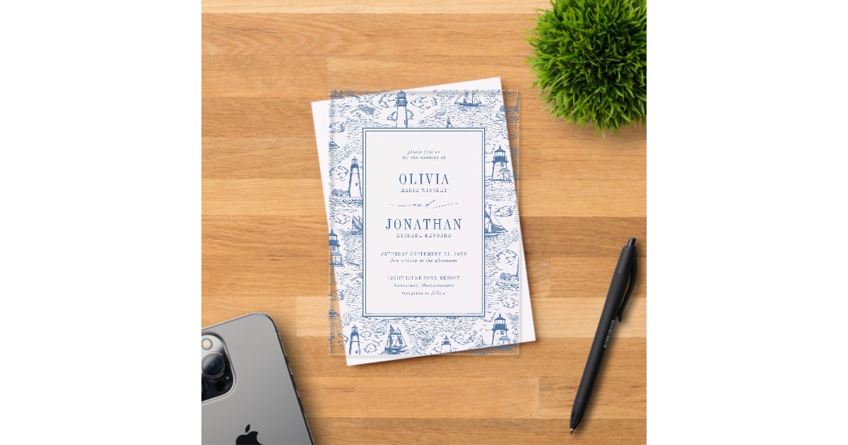Coastal Toile Lighthouse Blue Wedding Acrylic Invitations | Zazzle