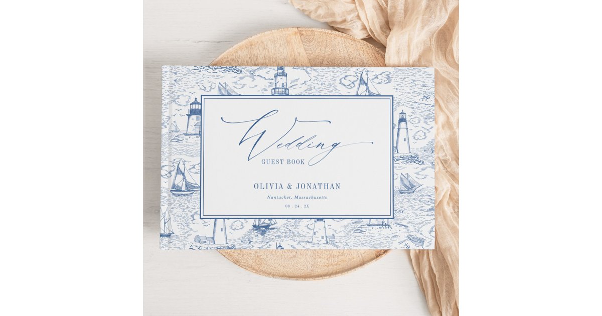 Coastal Toile Lighthouse Blue Wedding Guest Book | Zazzle