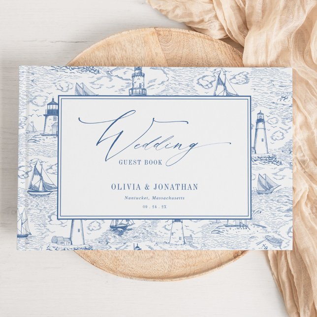 Coastal Toile Lighthouse Blue Wedding Guest Book (Creator Uploaded)