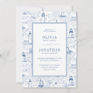 Coastal Toile Lighthouse Blue Wedding Invitation